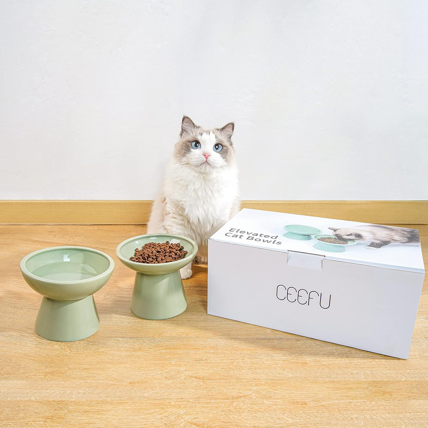 CEEFU 2 Extra Wide Elevated Cat Food Bowl, Ceramic Cat Bowls for Food and Water, Wide Shallow Cat Food Dish, Whisker Fatigue, Lead & Cadmium Free, Great Height for Cat, Sage Green - Pink 2 image number 2