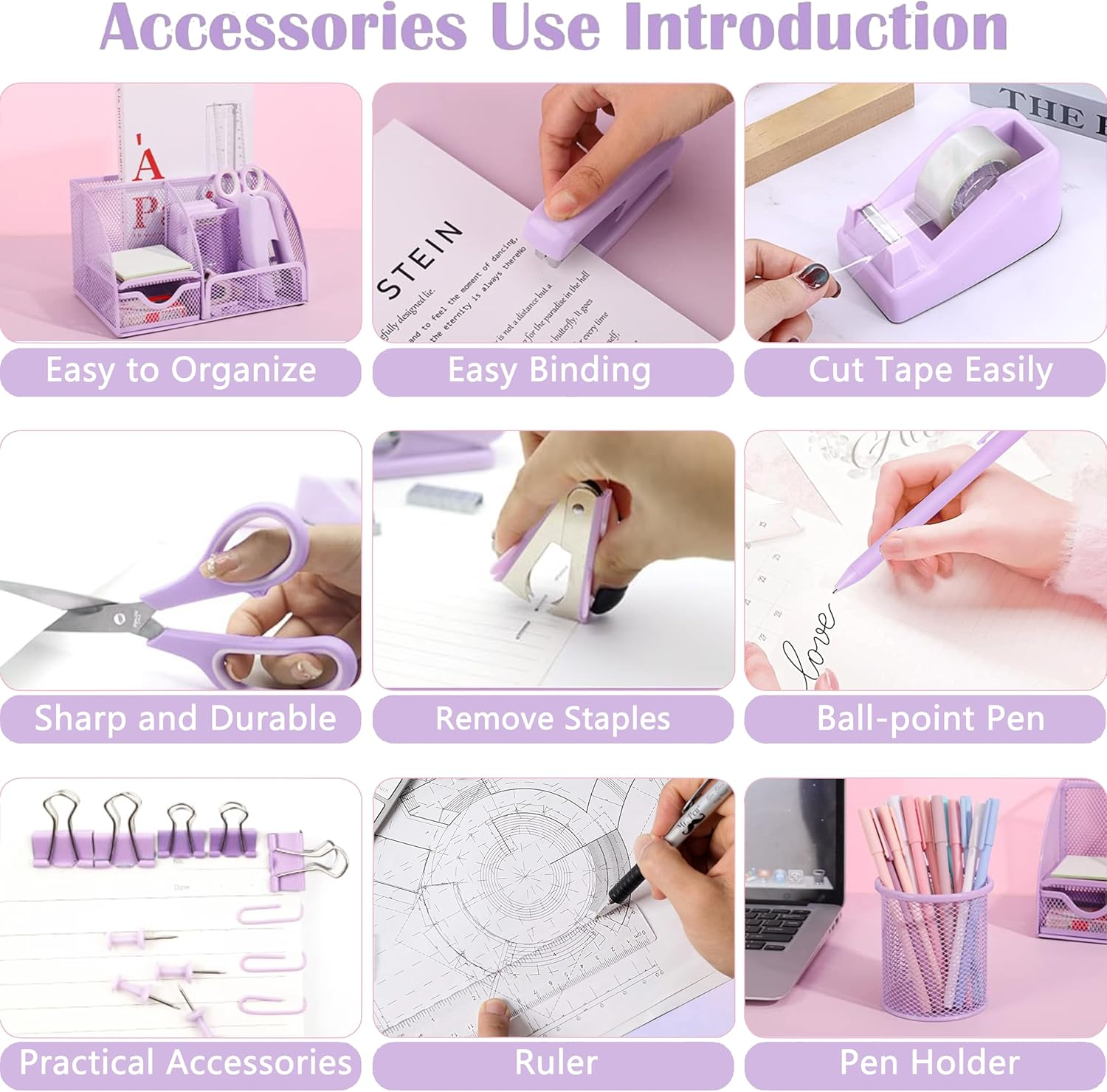 Purple Office Desk Accessories Supplies, 12Pcs Desk Organizers and Accessories with Tape Dispenser and Stapler,Staples,Staple Remover,Pen Holder,Scissor,Ruler,Sticky Tabs,Tape,Ballpoint Pen,Clips Set - Black image number 6