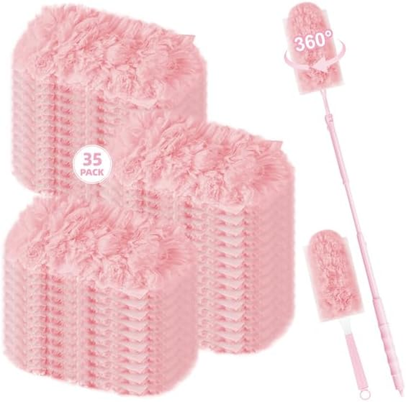 Nicemiya Pack of 37 Duster Compatible with Swiffer Dust Magnet Refill Pack 360&deg; Duster, for Cleaning Pet Hair, Dust Dirt (35 Cloths + 2 Handles, Pink)
