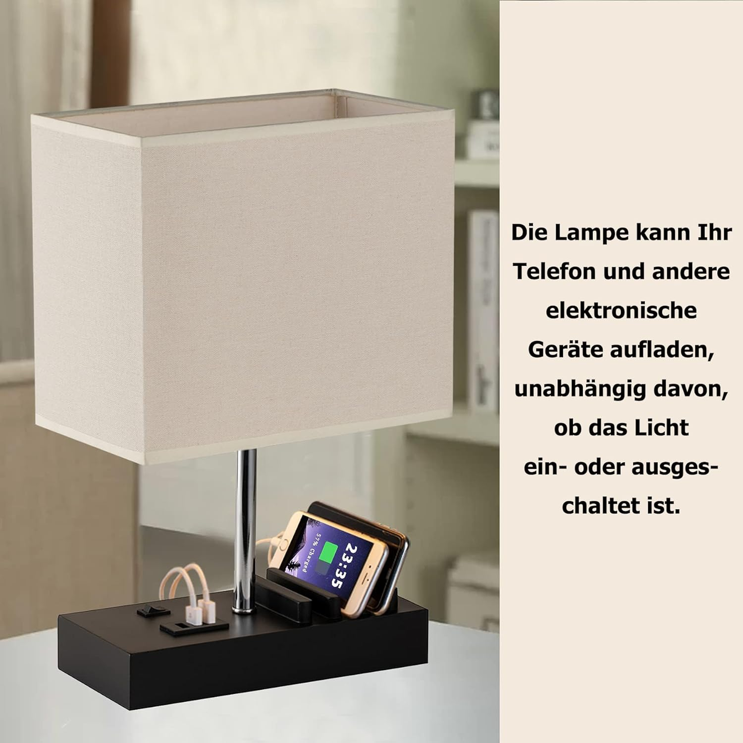 Dreamholder Table Lamp with 3 USB A+C Ports, 3 Phone Stands, Modern USB Bedside Lamp for Bedroom, Living Room, Office, Bedside Lamp with Black Wood Base & Fabric Shade - Black Wooden Base image number 1