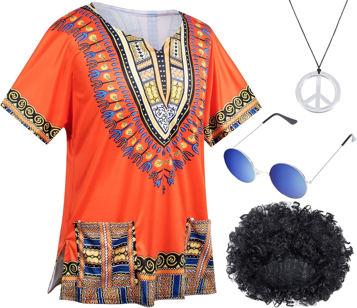 4 PCS Hippie Costume for Mens 60S 70S T-Shirt Afro Wig Accessories Set for Party Cosplay image number 3