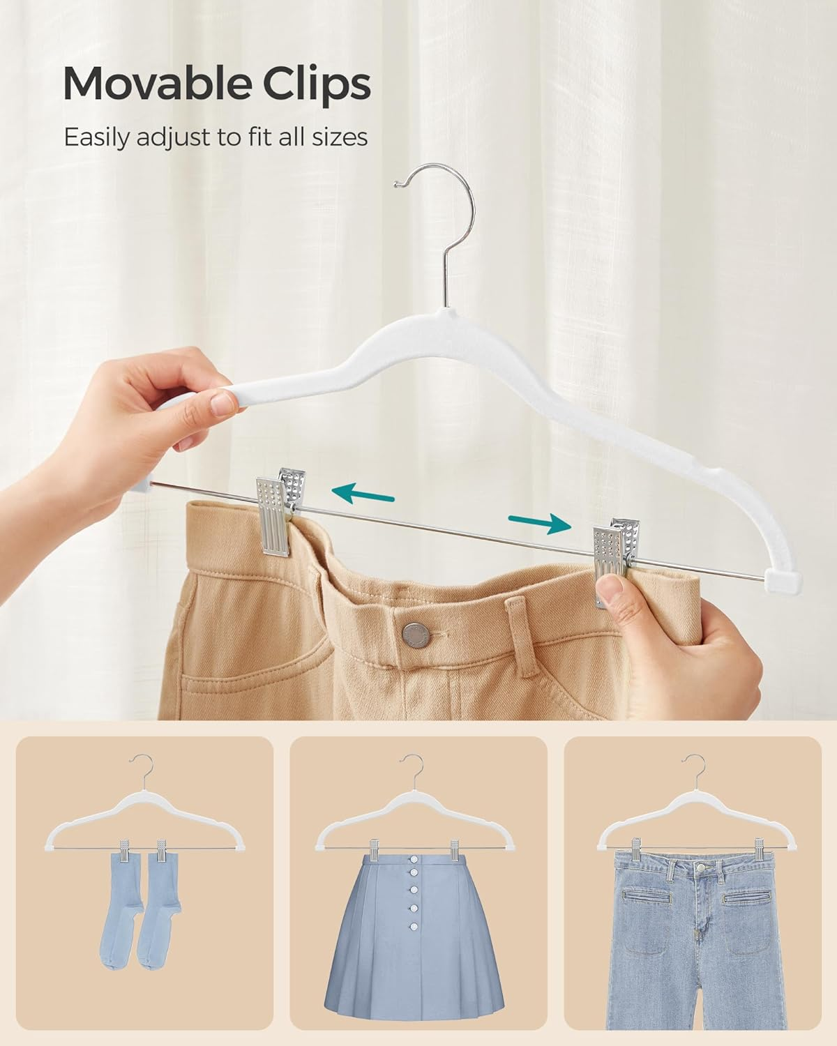 SONGMICS 50-Pack Pants Hangers, 16.7-Inch Long Velvet Hangers with Adjustable Clips, Heavy-Duty, Non-Slip Skirt Hangers, Space-Saving for Pants, Skirts, Coats, Dresses, White UCRF012W50 image number 7