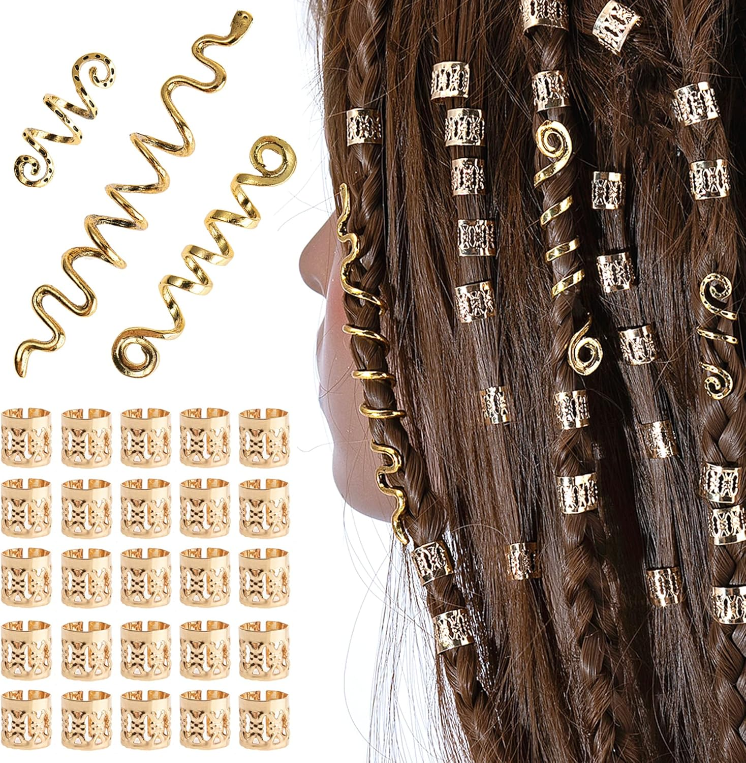 XCSJ Dreadlock Jewellery Hair Spirals Clips Hair Braid Rings Adjustable Metal Cuffs Hair Dreadlocks Accessories Cuffs Hair Accessories Set Hair Spirals Dreadlocks for Men Women - 28 Pieces (Rose Gold)