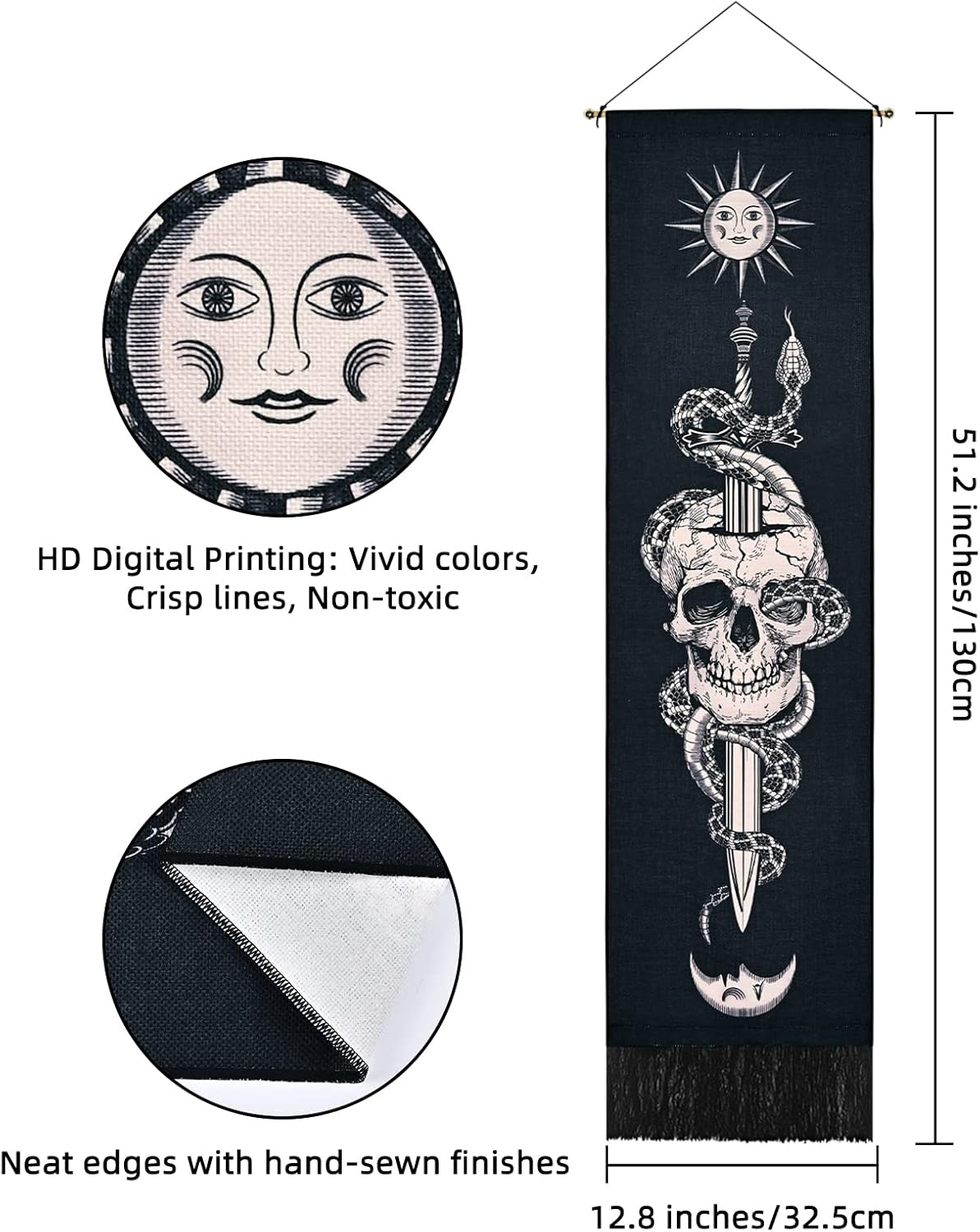 Uspring Skull Tapestry Sun and Moon Tapestry Skeleton Snake Tapestries Vertical Sword Tapestry Black and White Tapestry Wall Hanging for Room (Black, 12.8 X 51.2 Inches) image number 6