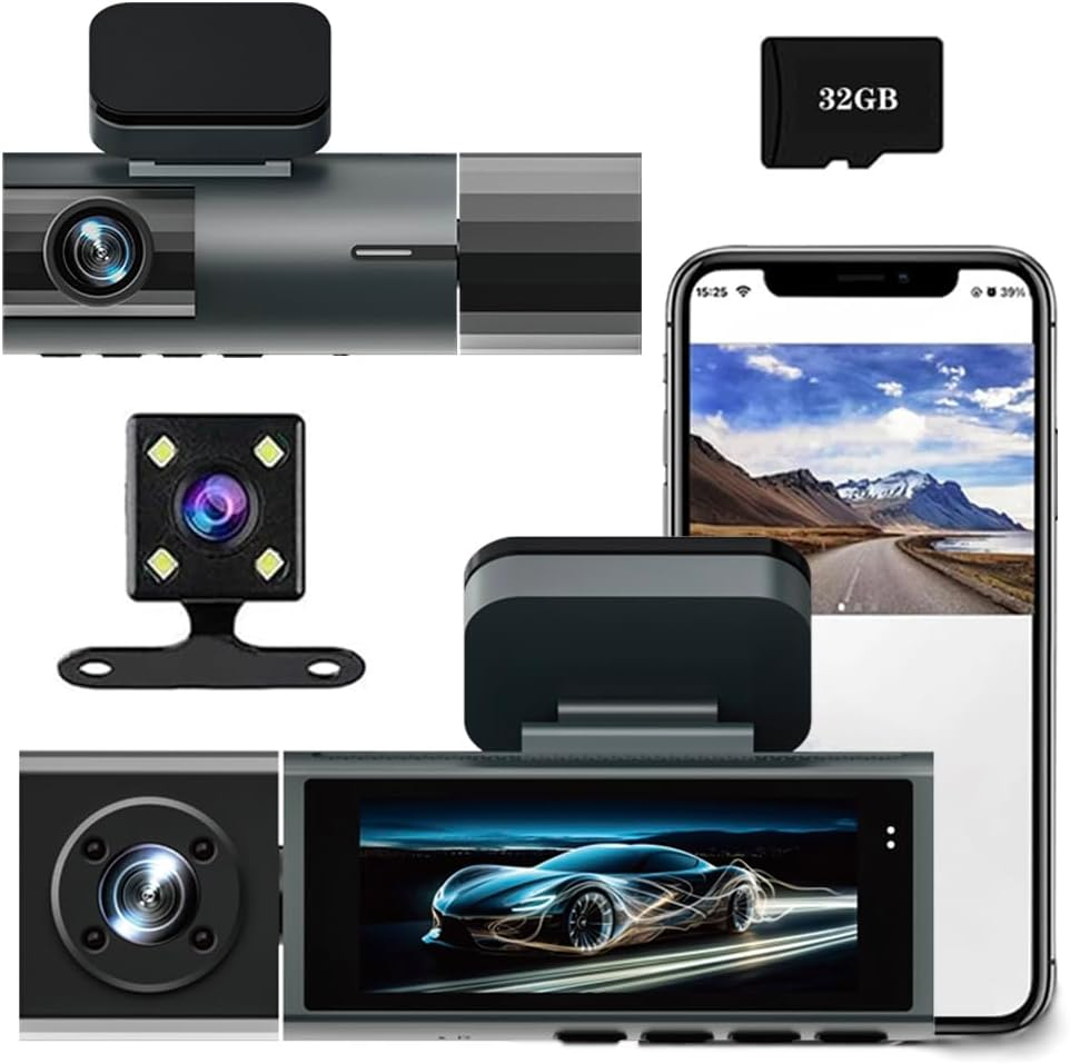 3 Channel Dash Cam Front and Rear inside for Cars, Full UHD Car Camera Front Rear with 32GB Card, Car Camera with IR Night Vision, 170&deg;Wide Angle, G-Sensor, 24H Recording, Loop Recording image number 5