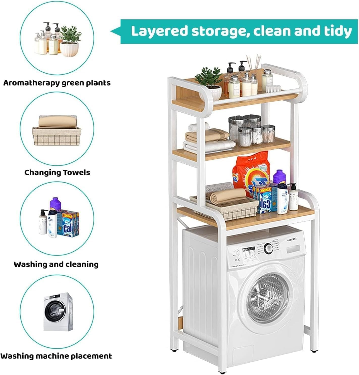 Fohouse 3-Tier over the Toilet Storage, above Washer Dryer Rack, Bathroom Balcony Organizer for Space Saving, Metal Laundry Shelf (White)