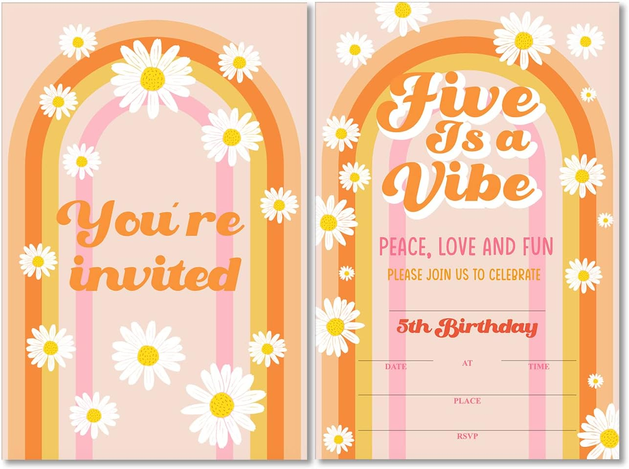 Soiceu Cute Five Is a Vibe Groovy 5Th Birthday Party Invitations with Envelopes Set of 20 Rainbow 70S Groovy 5 Years Old Birthday Party Invites image number 1