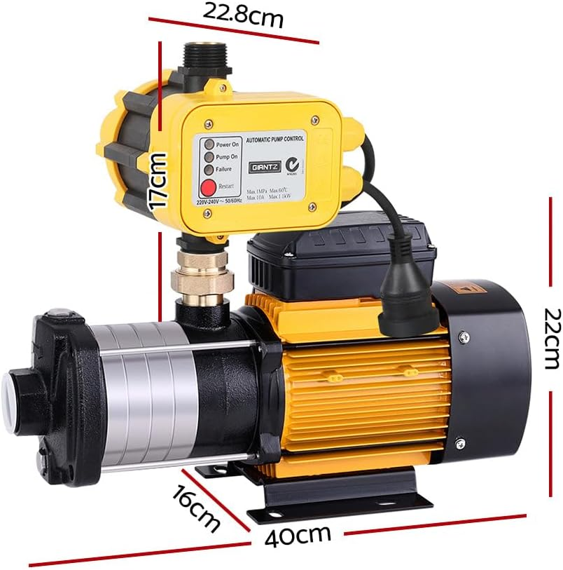 Giantz Water Pump, 2000W Max. Electric High Pressure Garden Pumps Controller Irrigation for Pool Pond Rain Tank Home Farm Clean, Multi Stage Fully Automatic Anti-Rust Black Yellow image number 4