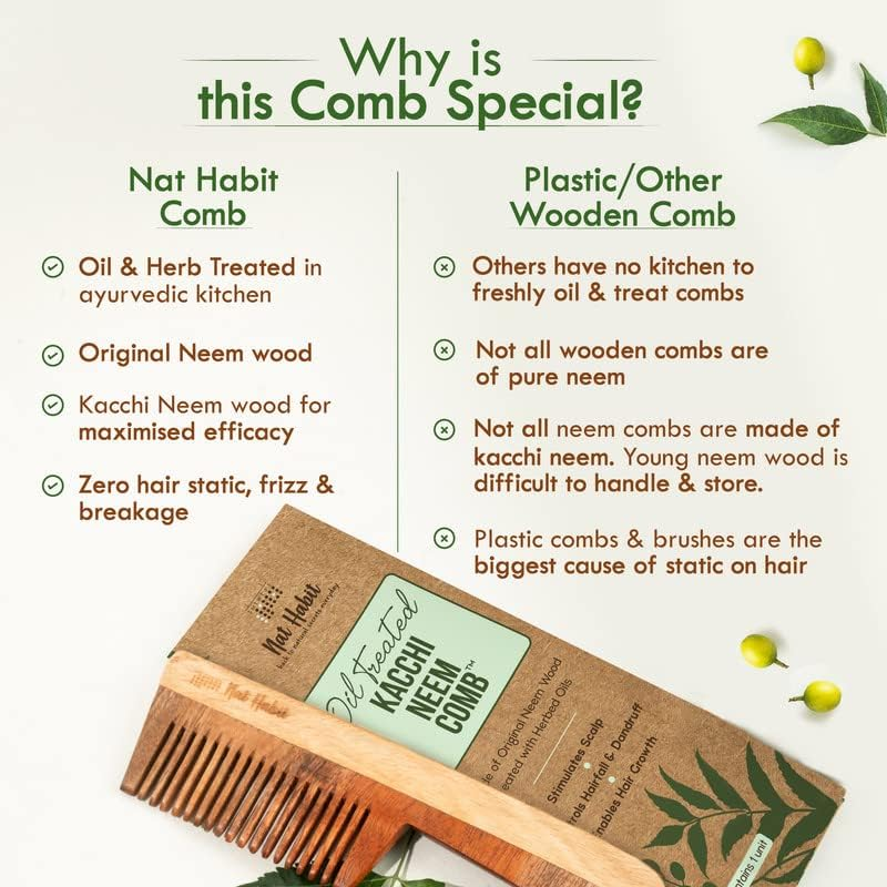 Nat Habit Kacchi Neem Wooden Comb - Soaked in 17 Herbs, Neem & Sesame Oil for Multi-Actions - Detangling, Frizz Control & Shine, Suited for All Hair Types (Fine Tooth) image number 3