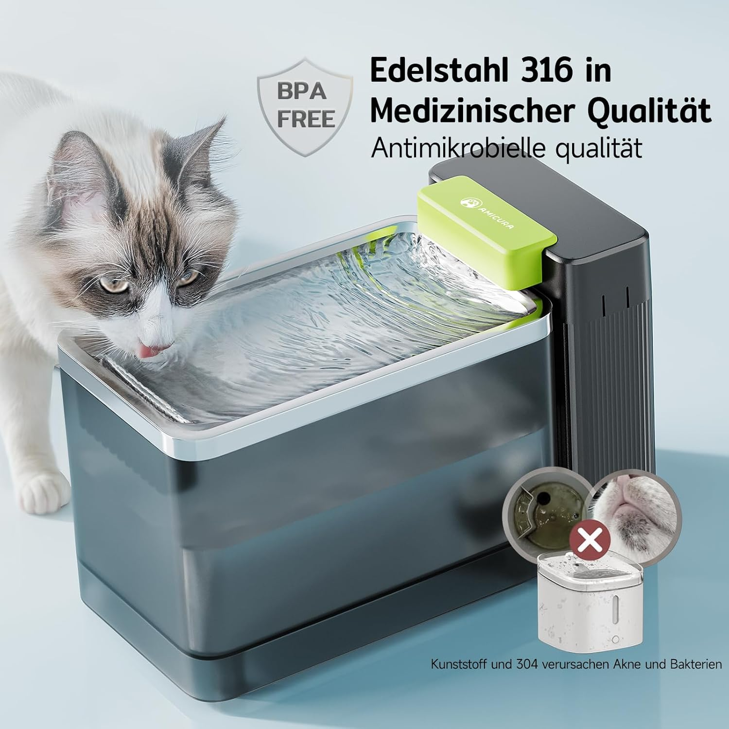 Amicura A3 Lite Drinking Fountain for Cats with Ultra Filtration - 3.3 L Large Tank, SUS316 Stainless Steel Drinking Bowl, Quiet (&le;25 Db), 100% Waterproof and Power-Safe for Clean Drinking Water image number 5