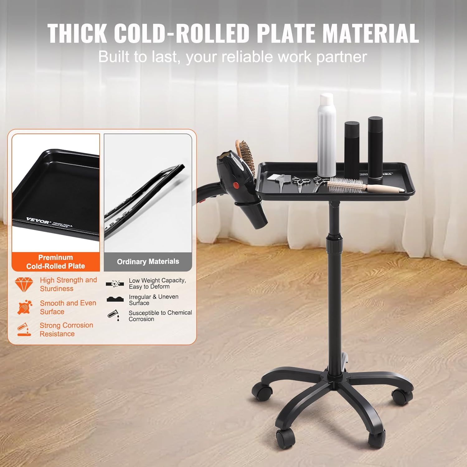 VEVOR Salon Tray Cart, 30"-43" Height Adjustable Rolling Salon Tray, Cold-Rolled Plate Tattoo Tray with 5 Wheels (2 Lockable) for SPA Barbershop Clinic, Black image number 1