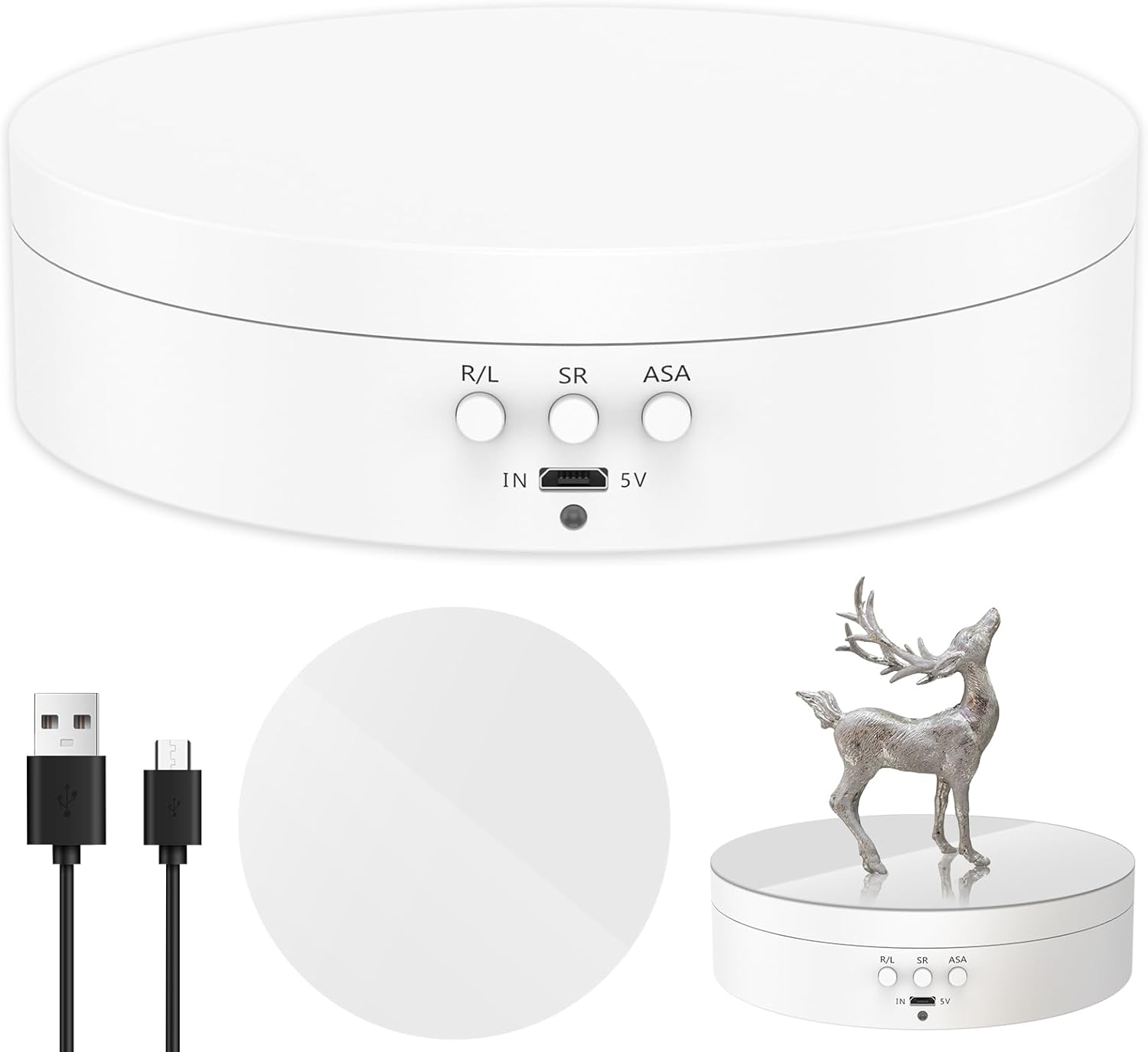 Rotating Display Stand 360&deg; Rotation Electric Rotating Turntable Speed and Direction Adjustable Turntable Display Stand with Low Noise for Jewelry/Photography Products/Watch/Cup and Ect. (White)