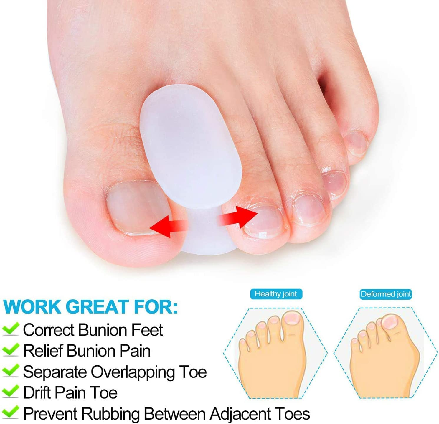 Povihome 10 Pack Toe Spacers Separators, Bunion Corrector Gel Orthotics (Updated Soft Version) for Bunion, Overlapping Toes - L Size image number 3