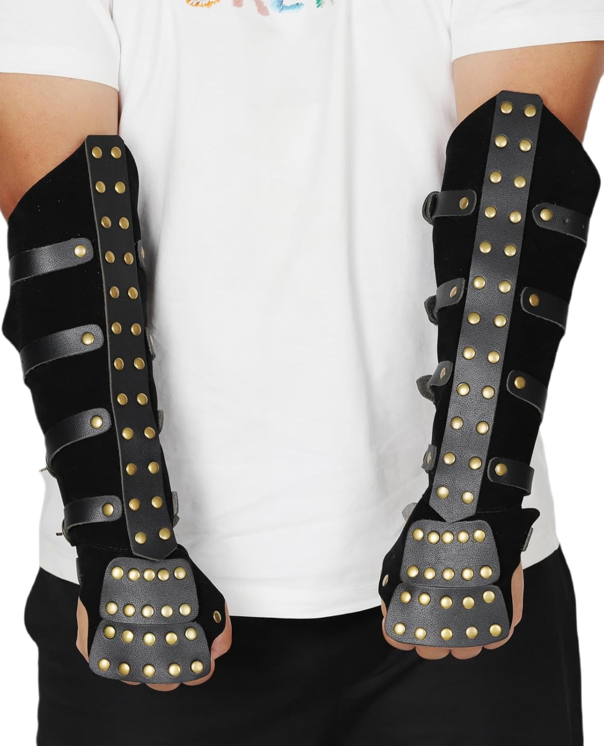 XWXLDD Medieval Leather Arm Guards with Brass Studs, Black, Adjustable Buckle Straps - Black image number 5