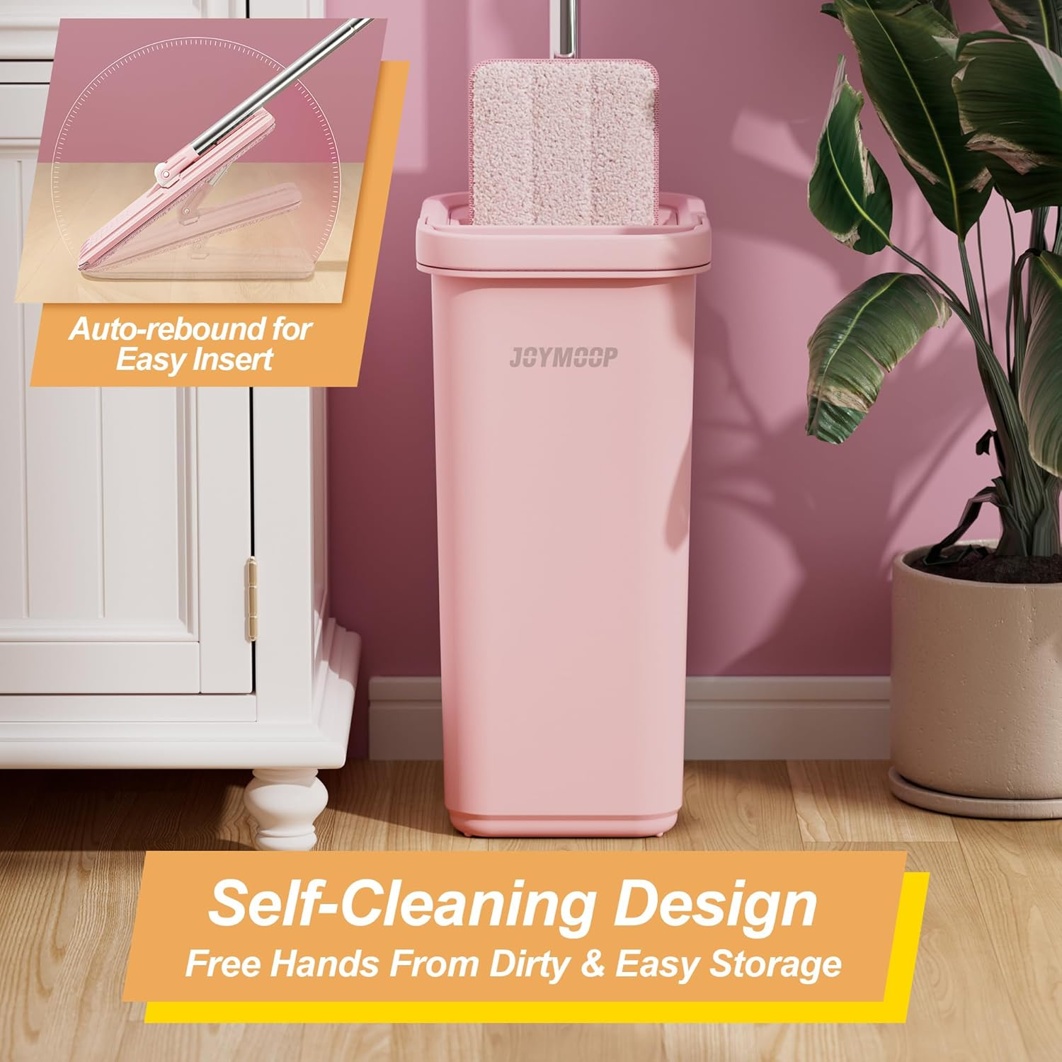 JOYMOOP Pink Mop and Bucket with Wringer Set for Home, with 3 Reusable Microfiber Mop Pads, Hands-Free Self-Cleaning System, Suitable for Floor Cleaning and Wall Cleaner image number 1