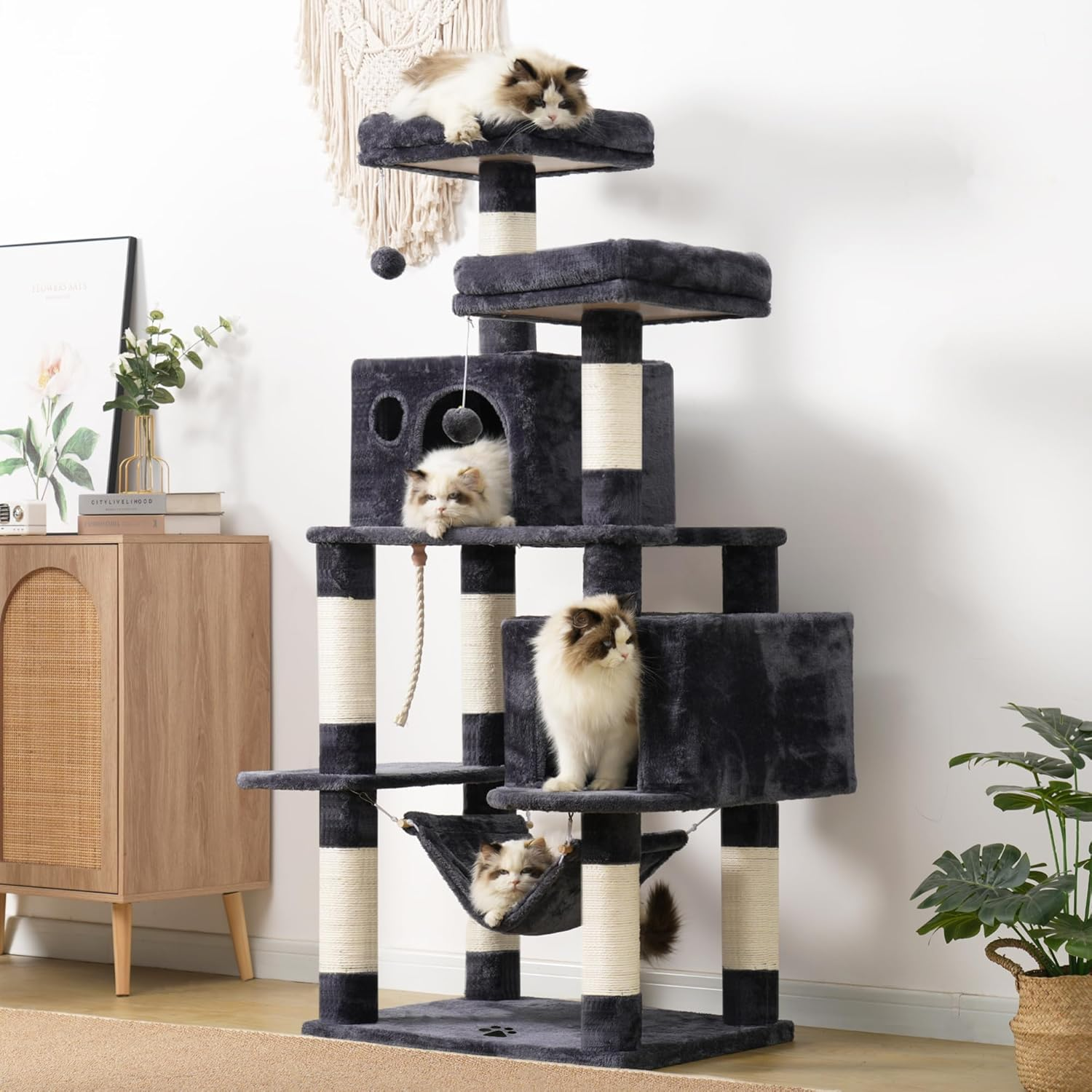Hey-Brother Large Multi-Level Cat Tree Condo Furniture with Sisal-Covered Scratching Posts, 2 Bigger Plush Condos, Perch Hammock for Kittens, Cats and Pets Smoky Gray MPJ020G - Beige image number 7