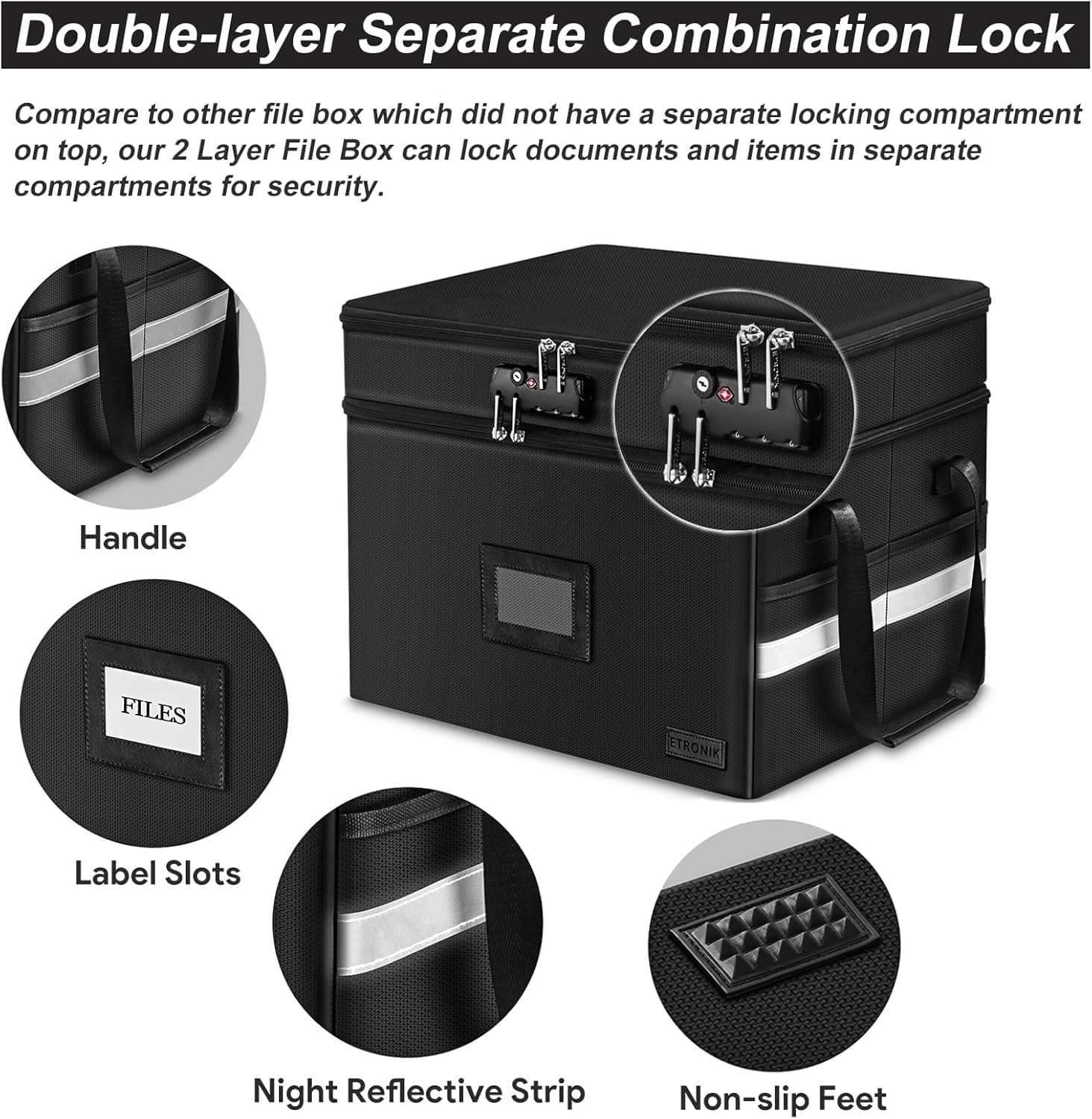 Fireproof Document Box with Lock, 2 Layer File Cabinet Organizer with 5 Tab Inserts, Portable Office Collapsible File Storage with Reflective Strip for Hanging Letter, Legal Size Folder