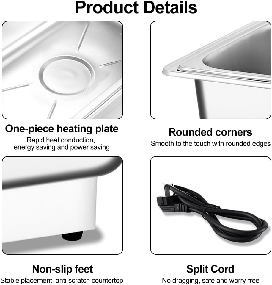 Zertylre 9L Food Warmer Buffet Server, 3 Trays 600W Stainless Steel Electric Adjustable Temperature Freestanding Lids, Chafing Dish Set for Parties, Banquets, Catering Events (9L) - 9L image number 4