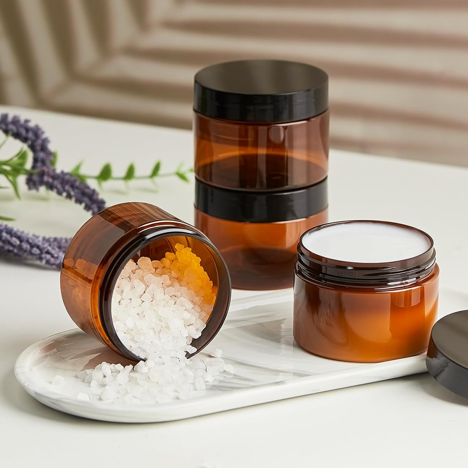 TUZAZO 4 Oz Amber Plastic Cosmetic Jars Leak Proof Small Container with Lids for Cream, Lotion, Powder, Ointments, Beauty Products, 12 Pcs