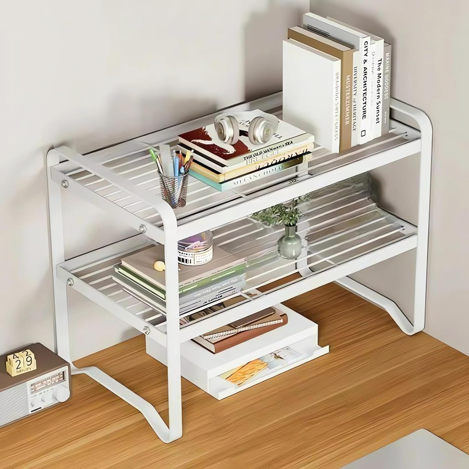 3-Tier Desktop Organiser Shelf, Metal Storage Rack, 40 X 21 X 36 Cm, Black/White Bookcase A225 (White)