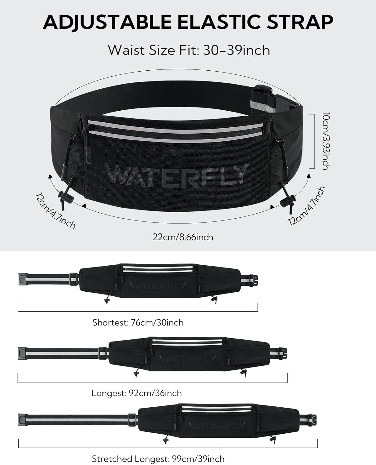 WATERFLY Running Belt Fanny Pack: Breathable 3 Pocket Waist Bag for Men Women Workout Exercise Fitness Phone Holder Fits ALL Phones - Runner Marathon Jogging Race Belt with Bib Clip Black image number 6