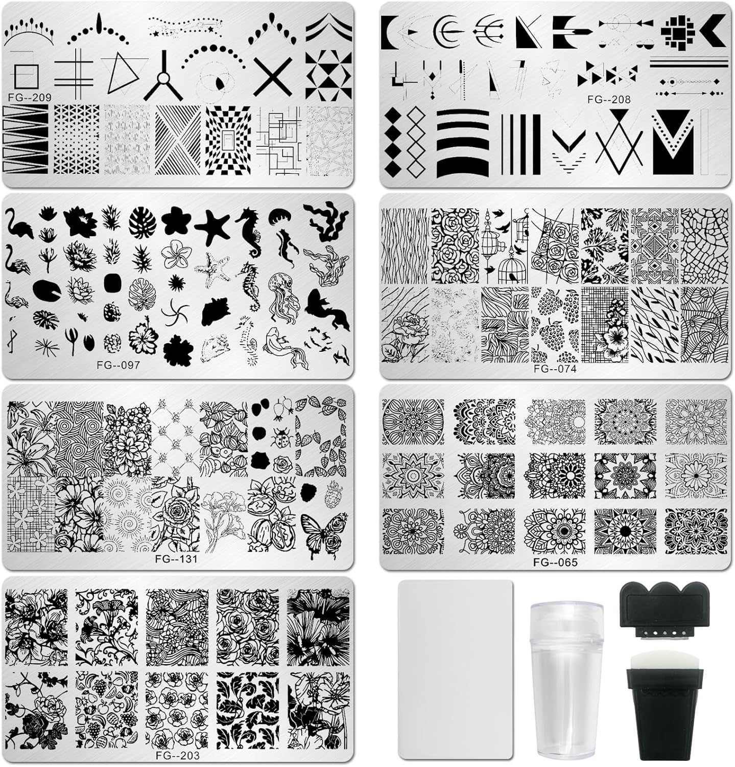 Addfavor Nail Stamper Kit 7Pcs Nail Stamping Plates Flower Geometric Mandala Animal Image Nail Stencils with 2 Stamp and 2 Scraper for Home Salon Manicure Design Supplies Tools