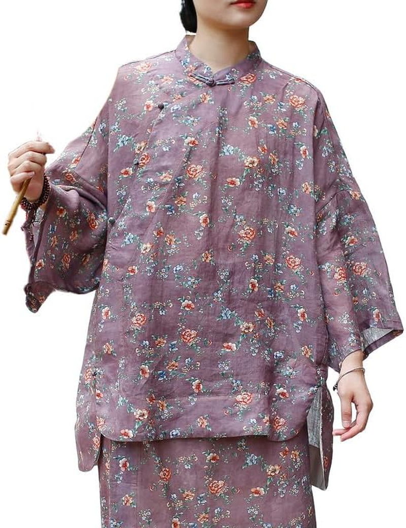 Women'S Vintage Chinese Style Linen Shirt Loose Fit Stand Collar Frog Button Top Blouse - Style C image number 7