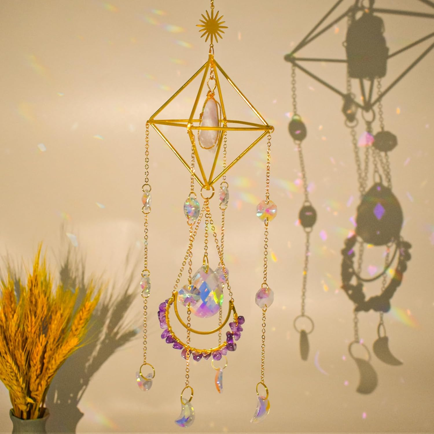 Mrmrkura Crystal Suncatcher for Windows Hanging with Chain, Gold Sun Catchers with Crystals Rainbow Maker Wind Chime Crystal Ornament for Home Indoor Decor (Amethyst) image number 6