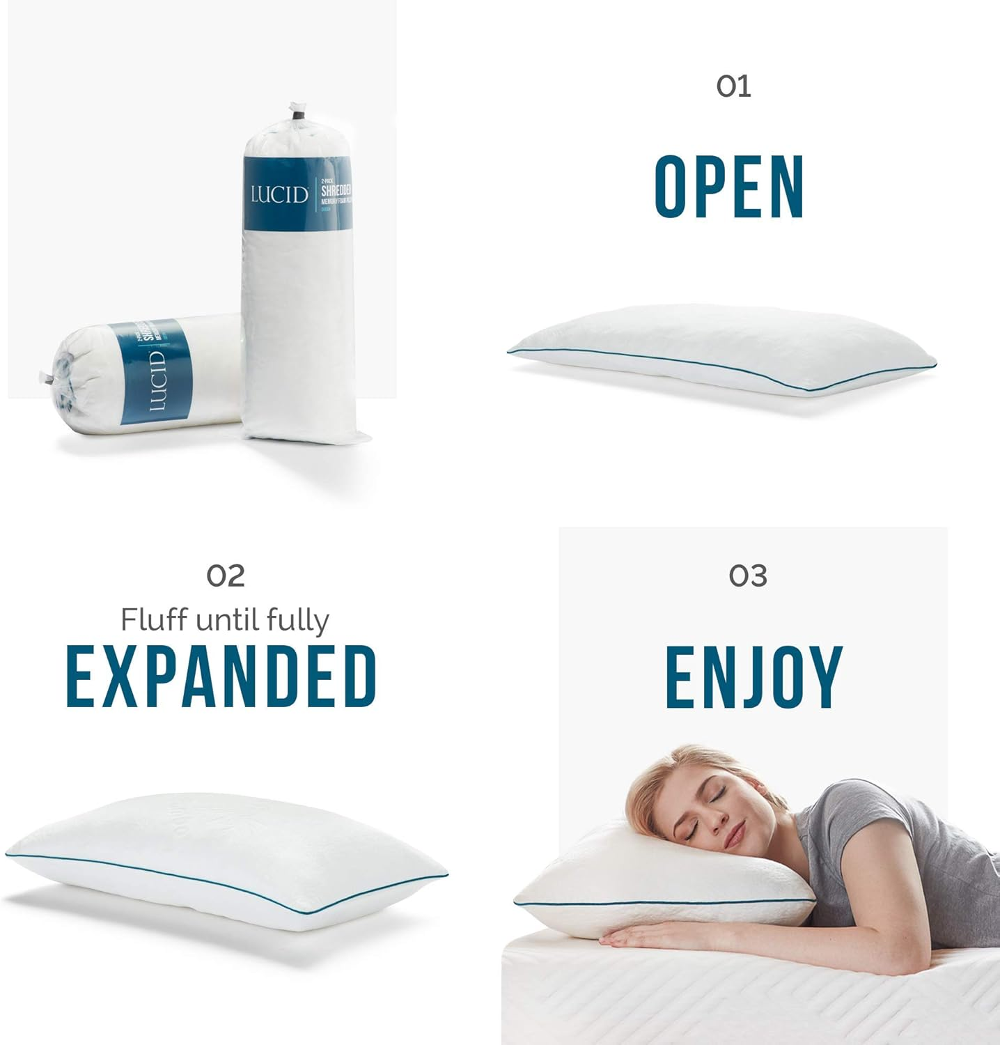 LUCID Adjustable Premium Shredded Memory Foam Pillow-Hypoallergenic-Moldable Loft-2 Pack, Standard, White 2 Count, LUSS02SD