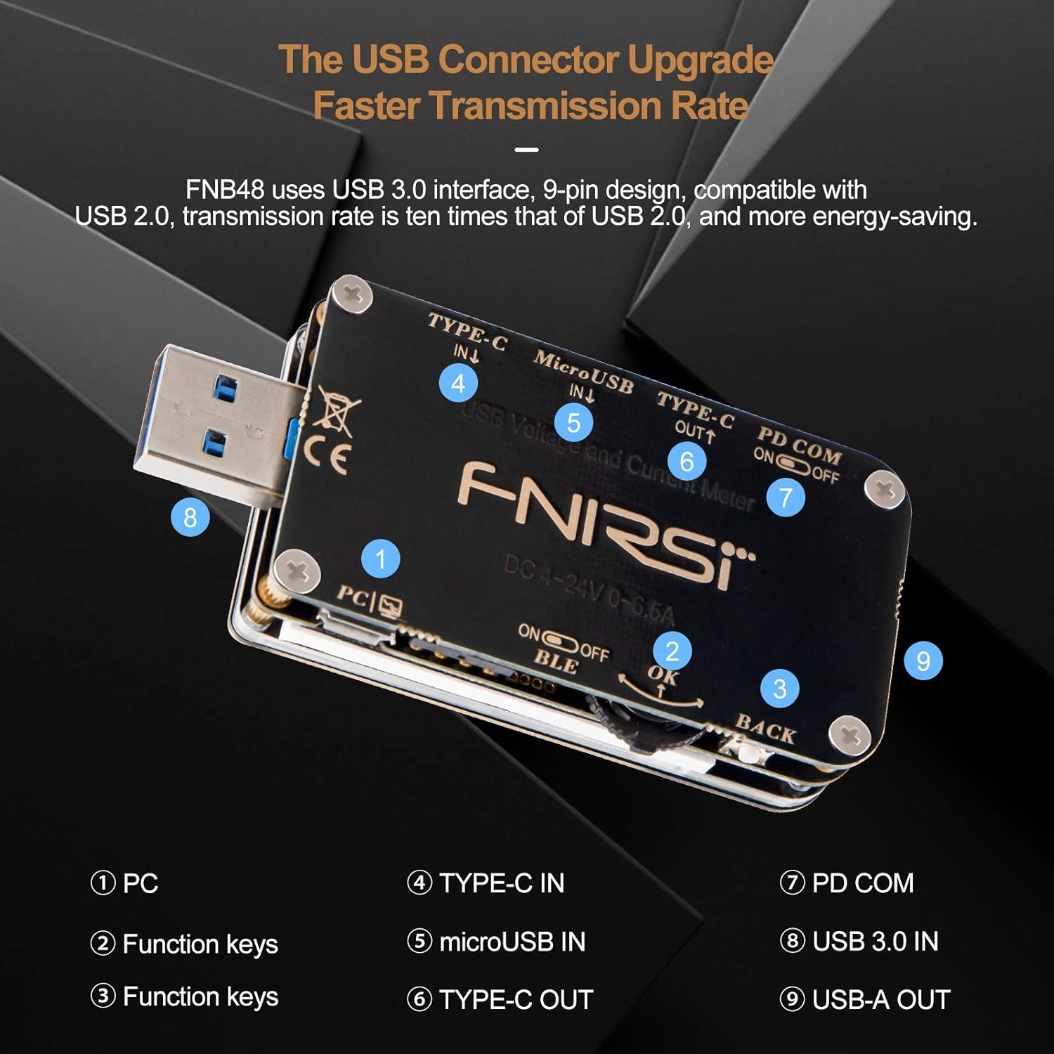 USB Tester USB Voltage Meter with Bluetooth PD Trigger Voltmeter USB 3.0 Voltage and Current Tester 4-24V 6.5A USB C Multimeter PPS Fast Charging Protocol QC2.0 3.0 FNB48 image number 4