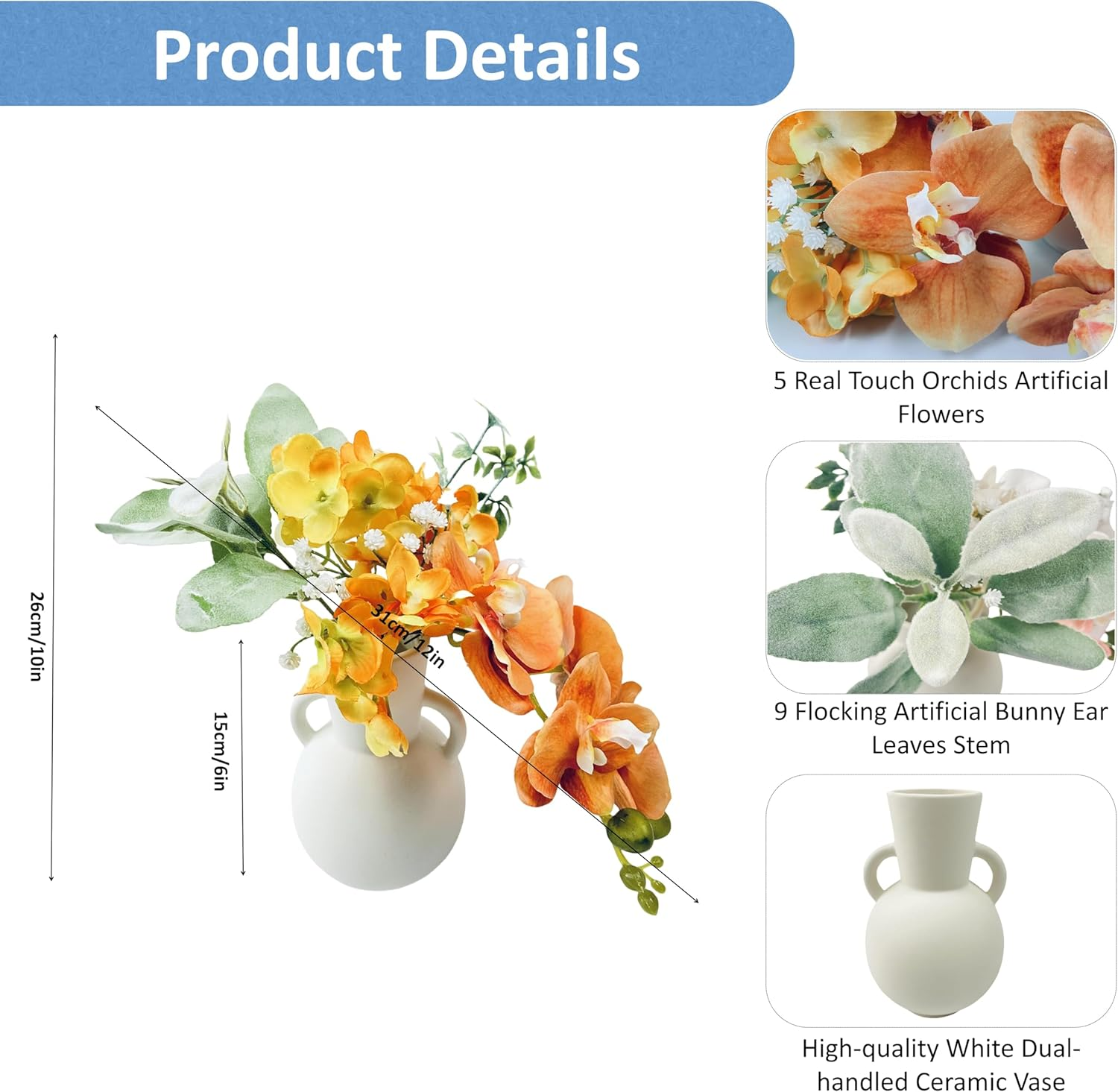 Noristyle Artificial Flowers for Decorations, Fake Flowers Orchid with Vase for Office Desk Table Decor for Women, Her, Girlfriend, Birthday Gifts - White image number 3