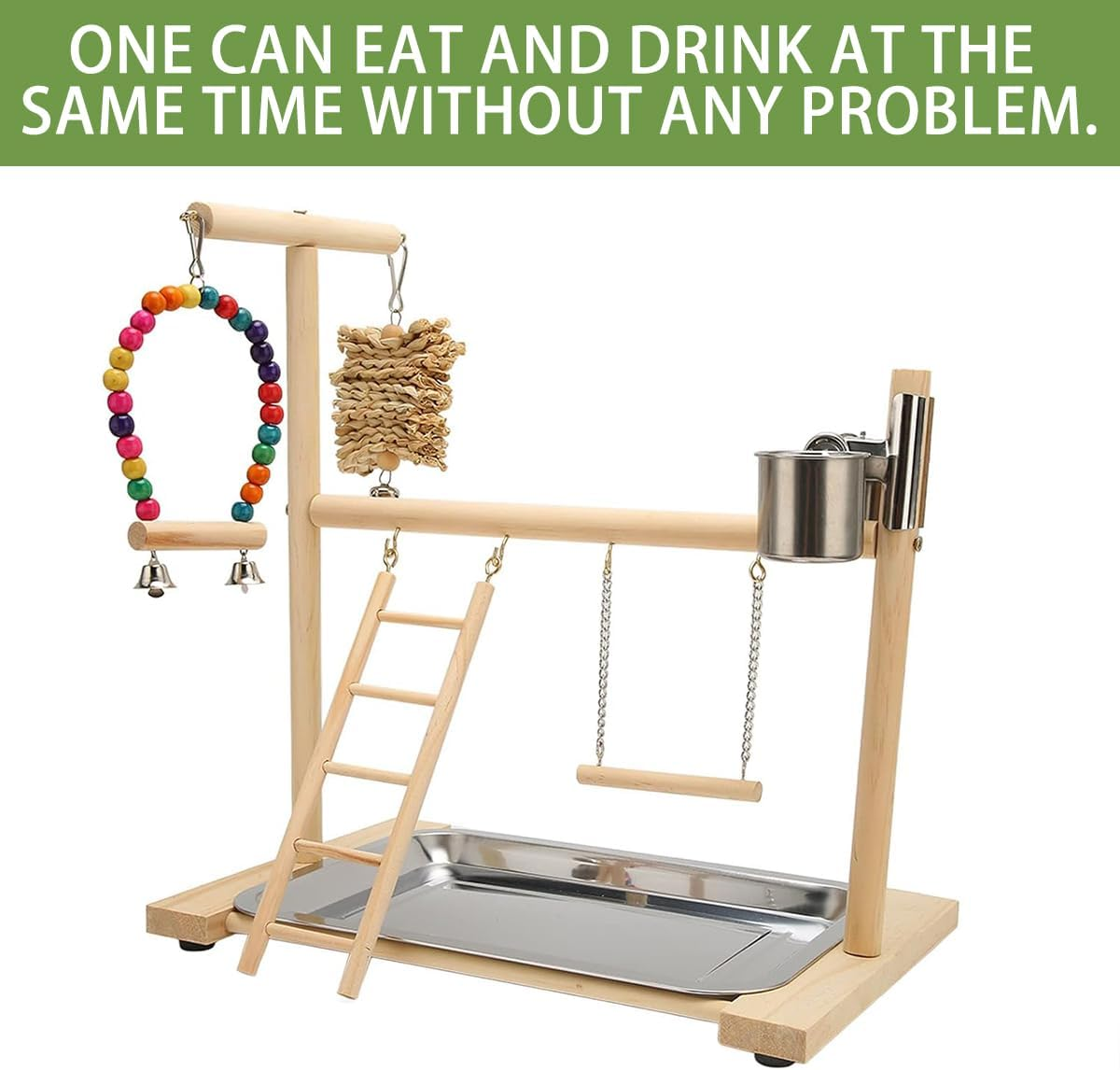 AIMALL Parrot Wooden Playground with Climbing Ladder Swing and Feeding Stand &ndash; Zanthoxylum Wood Interactive Activity Rack for Small and Medium Birds 16.14In X 14.17In