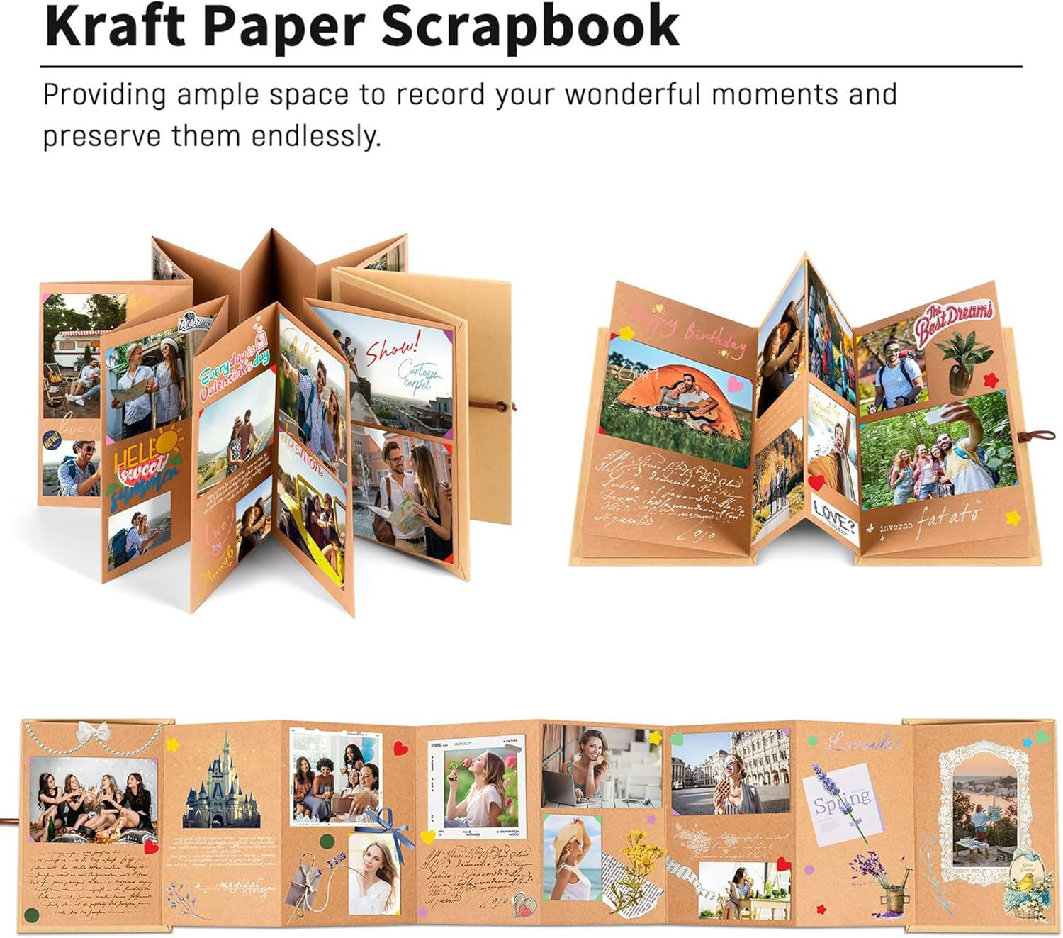 6 X 8 Inch Small Scrapbook Album with Brown Pages, Stretchable Folding Photo Album, Hardcover Memory Book Accordion Adventure Scrapbook - Inner Brown image number 3