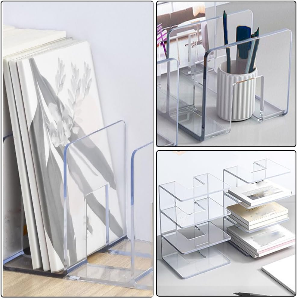 Esforzarse 3 Pieces Clear Acrylic File Sorter, 4 Sections Acrylic Desktop Organizer Holder, Desk File Organizer Holder Clear Desktop File Folder Holder File Organizer Shelf for Book image number 3