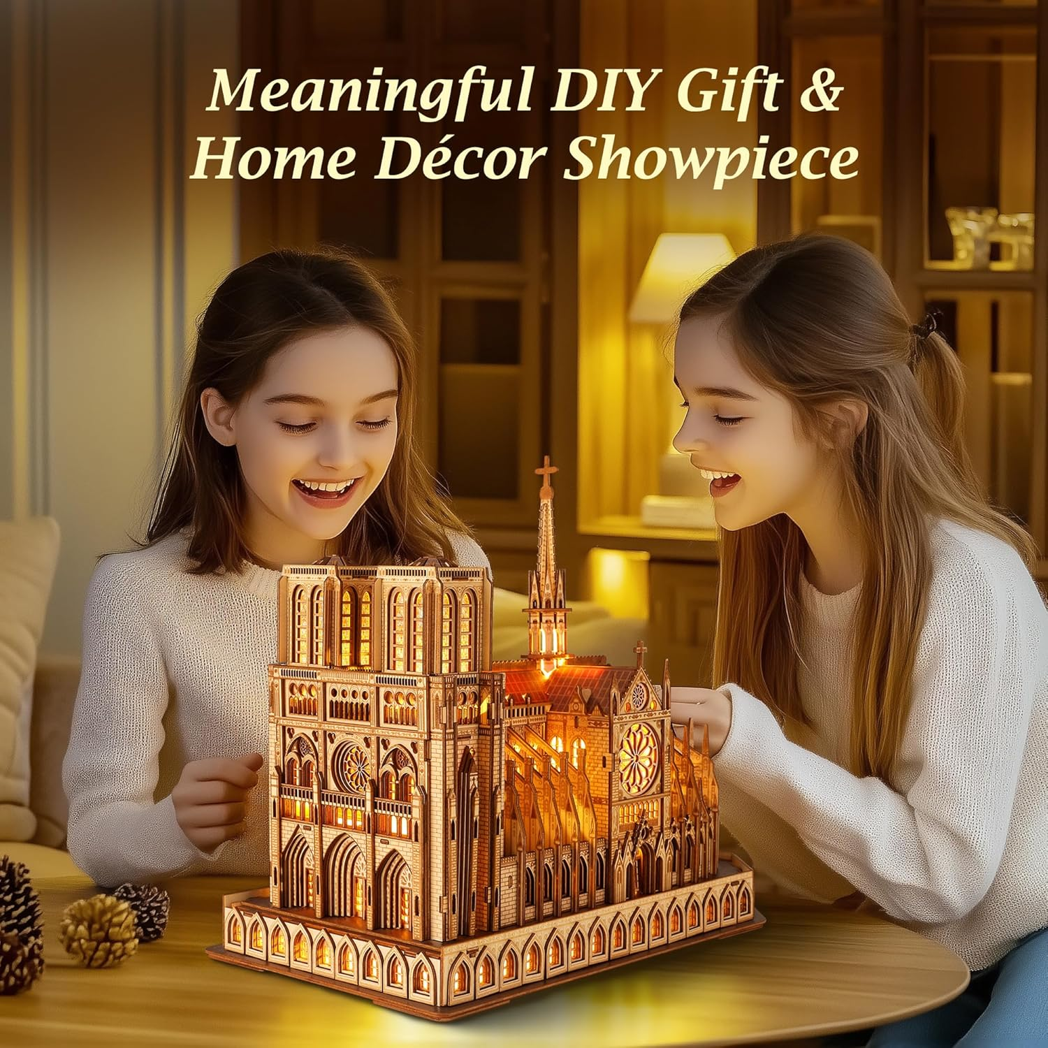 FUNPOLA LED 3D Wood Puzzle - Notre Dame De Paris Architecture Model-Night Edition with LED Lighting- DIY Building Model Craft Kit, Architecture Building Set image number 6