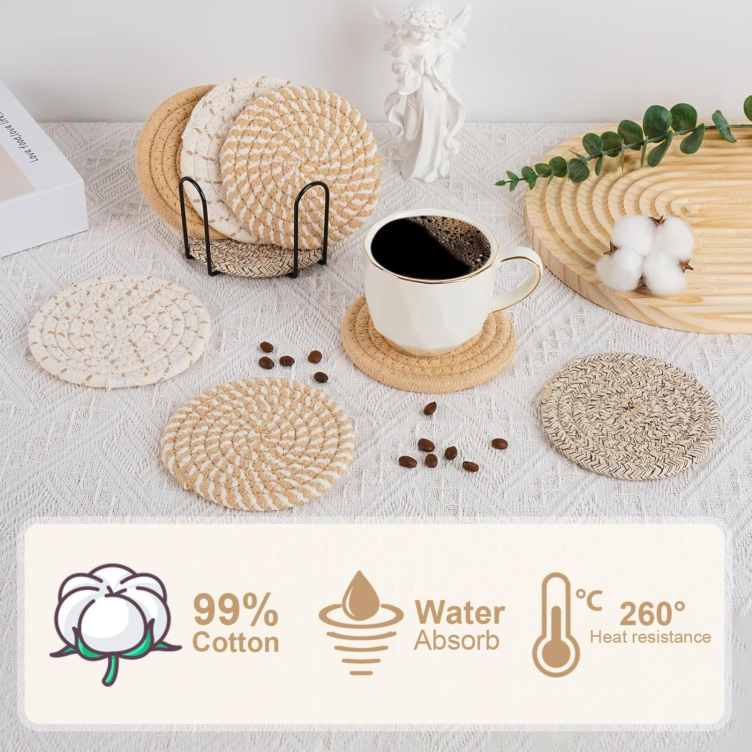 Chamgeco 8Pcs Drink Coasters with Metal Holder, Boho Cotton Woven Absorbent Coasters for Drinks, 4 Colors Minimalist Cup Coaster Set for Home Decor Coffee Table Protection Housewarming (Multi-Color 1)