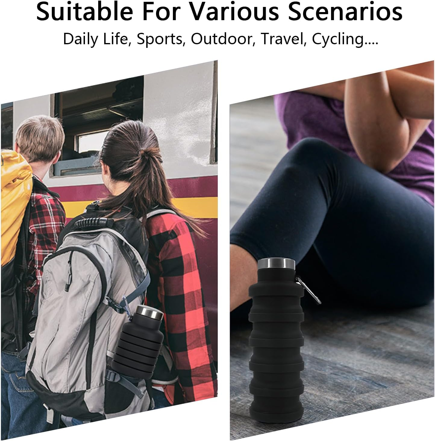 Collapsible Water Bottle, Foldable Water Bottles 17Oz, Portable Leak Proof Sports Water Bottle, BPA Free Reusable Travel Water Bottle, Silicone Collapsible Water Bottles with Carabiner (Black) image number 1