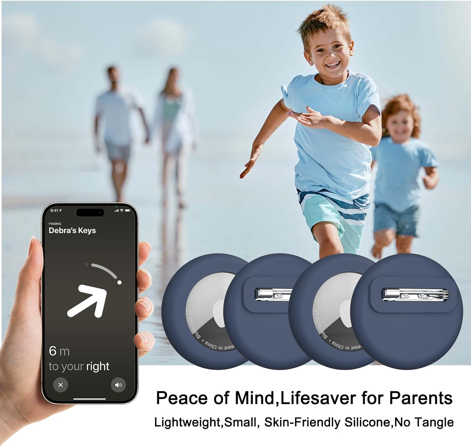 4 Pack Cases for Apple Air Tag Holder, Soft Silicone Air Tag Case for Kids with Invisible Pin, Safety Pins Hidden inside Clothes,Backpack, GPS Tracker Holders for Children Elderly - Black+White+Deep Blue+Dark Grey image number 7