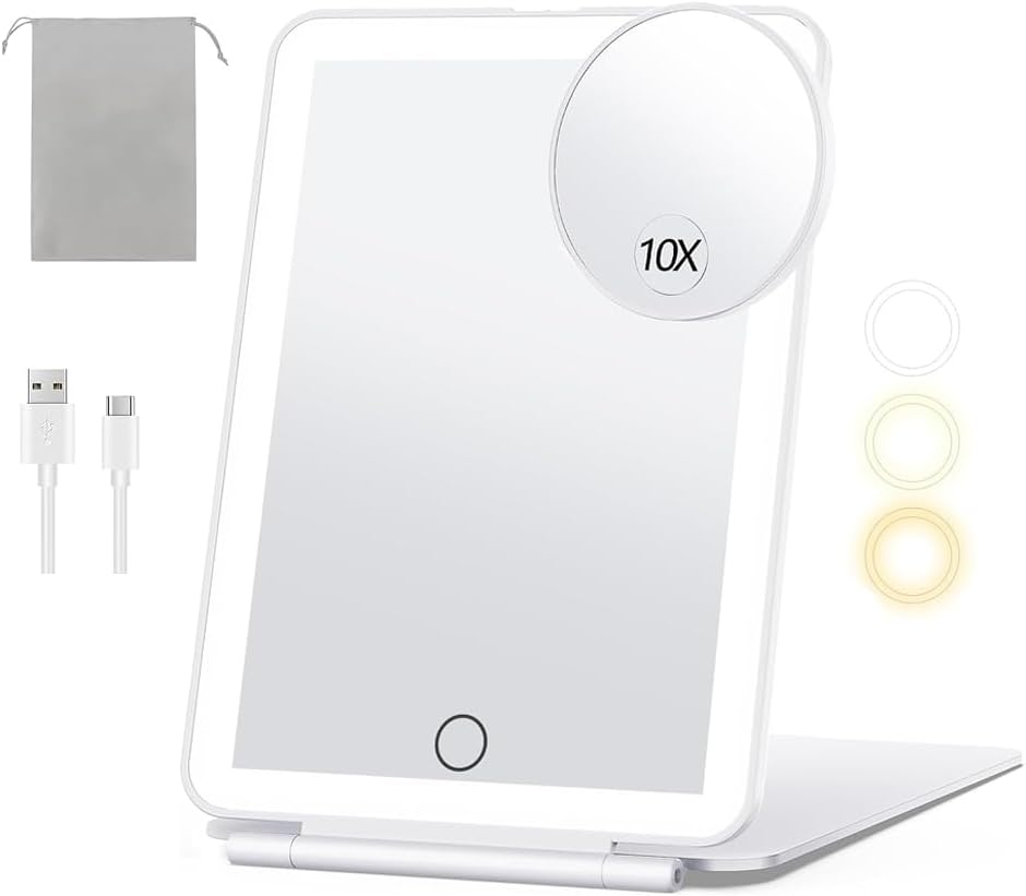 Travel Makeup Mirror with 3 Color Light and 10X Magnifying Mirror, Dimmable Touch Screen, Rechargeable Lighted Makeup Mirror with Cover and a Storage Bag, Portable Foldable (White) image number 3
