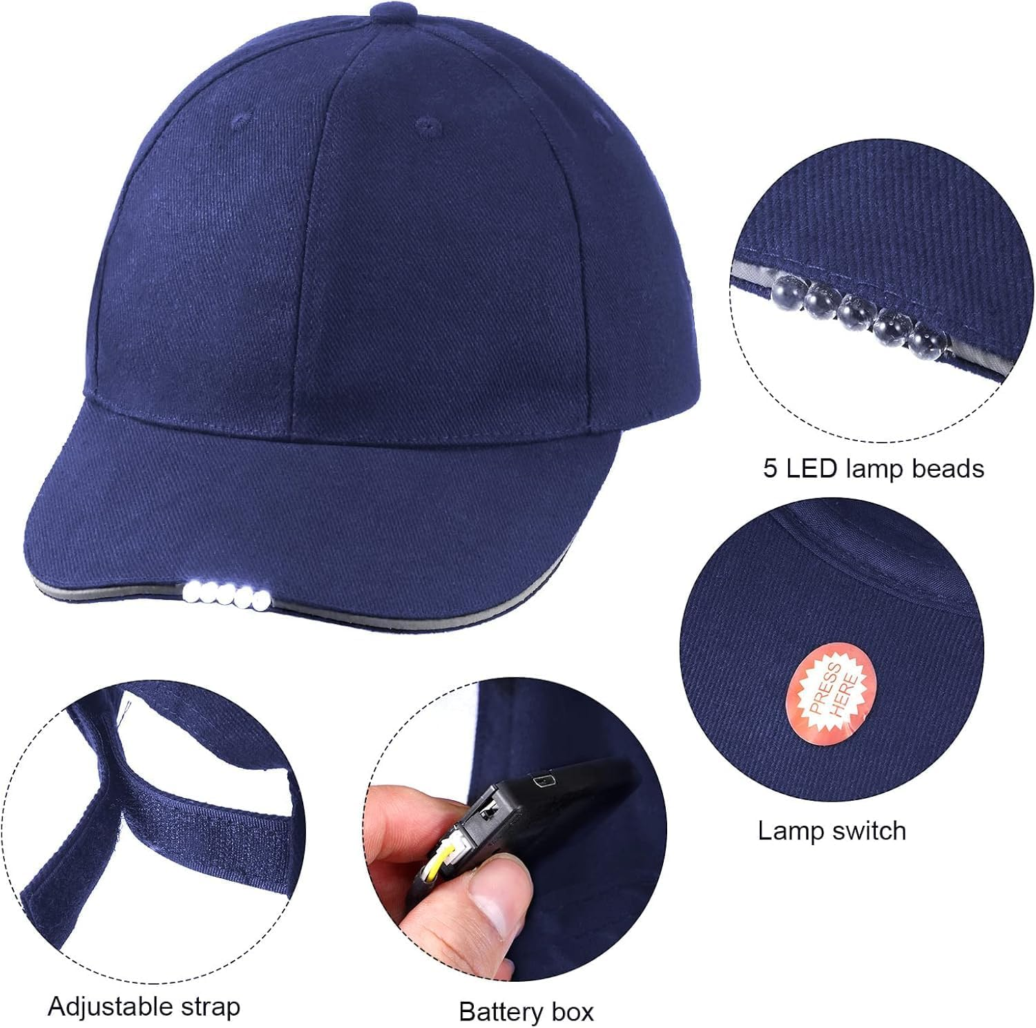 Hands-Free LED Baseball Cap 5 LED Battery-Powered Headlamp Hat, Featuring an LED Flashlight for Activities like Fishing, Jogging, Camping, and Manual Tasks. - Black image number 4