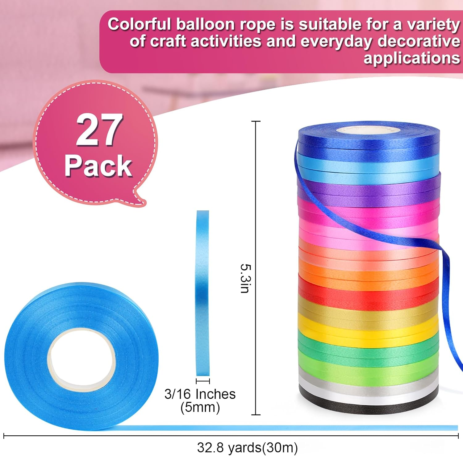 Vivinin 27 Roll Curling Ribbon, 3/16 Inch X 32.8 Yard Balloon String, 15 Colors Ribbons for Crafts, Balloon String Ribbon for Party, Festival, Florist Flower image number 3