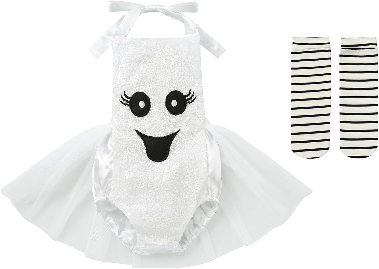 IMEKIS Newborn Baby Girls Ghost Pumpkin Costume Halloween Sequin Outfit with Socks Birthday Outfit Photo Shoot image number 6