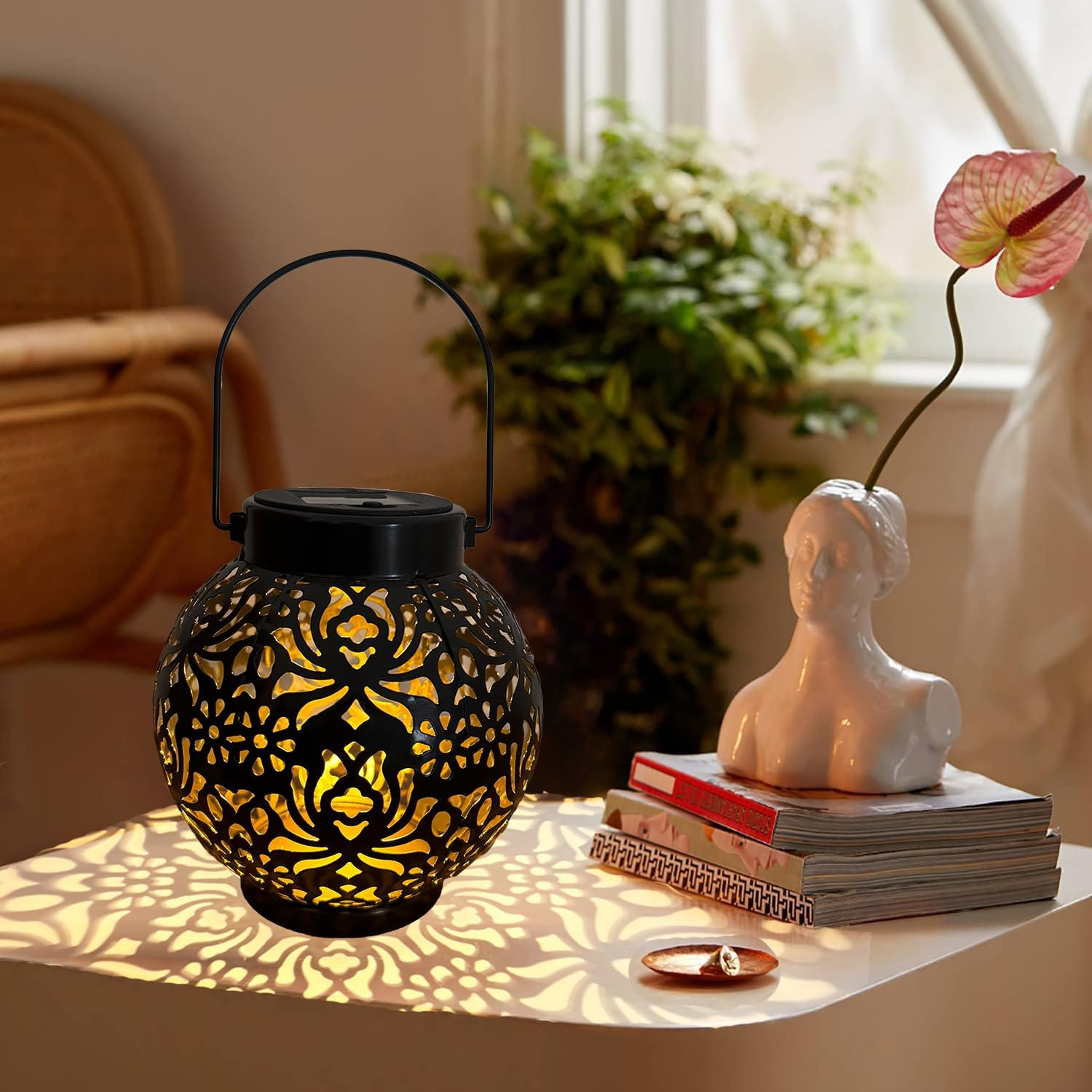 Outdoor Solar Hanging Lantern Lights, Waterproof Tabletop Solar Lights with Handle, LED Solar Moroccan Lanterns, Metal Decorative Garden Solar Lights for Lawn, Porch, Backyard(1 Pack Black) image number 4