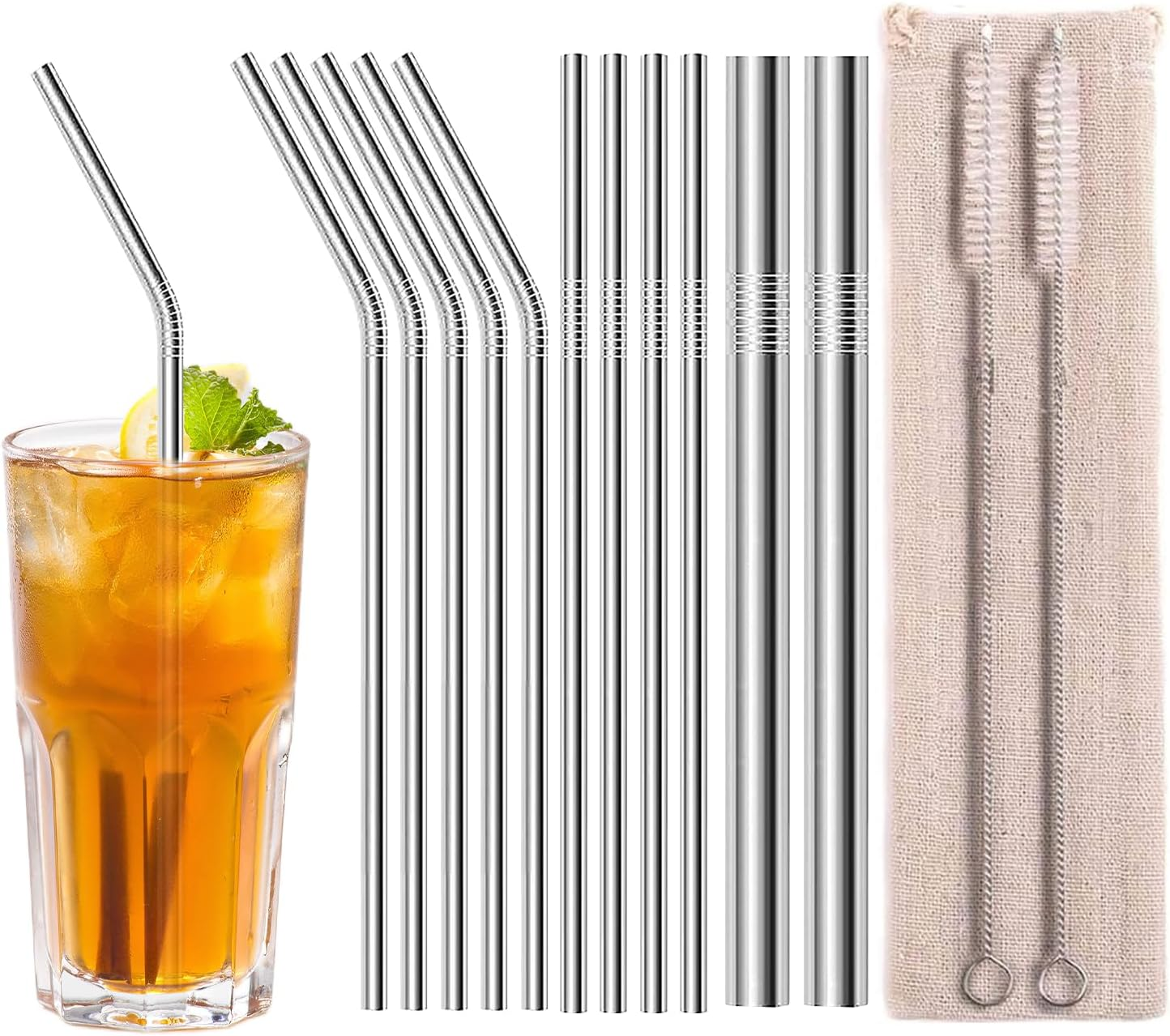 14 Pcs Stainless Steel Straws, Long Metal Straws, Reusable Metal Straw Set with Straight Bent Wide Straws, Straw Brushes and Straw Pouch for Smoothie Milkshake Cocktail Drinks (Silver) image number 3