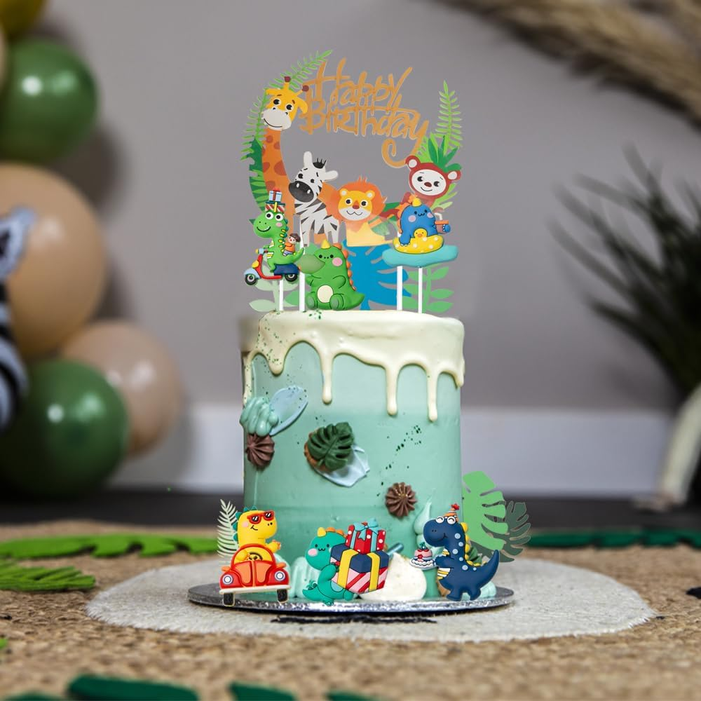 Sxutop 14 PCS Birthday Cake Cute Toppers Tropical Palm Leaves Cake Toppers Dinosaur Decoration with Gifts in Hand Cake Toppers Dinosaurier Theme Cake Supplies for Theme Birthday Baby Shower Party image number 5