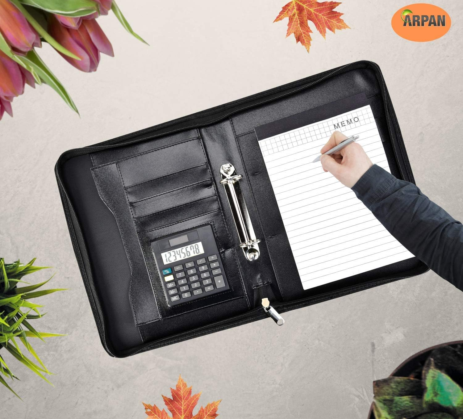 A5 Zipped Business Executive Conference Folder with Calculator & Pad Ring Binder Portfolio - Black Arpan image number 5