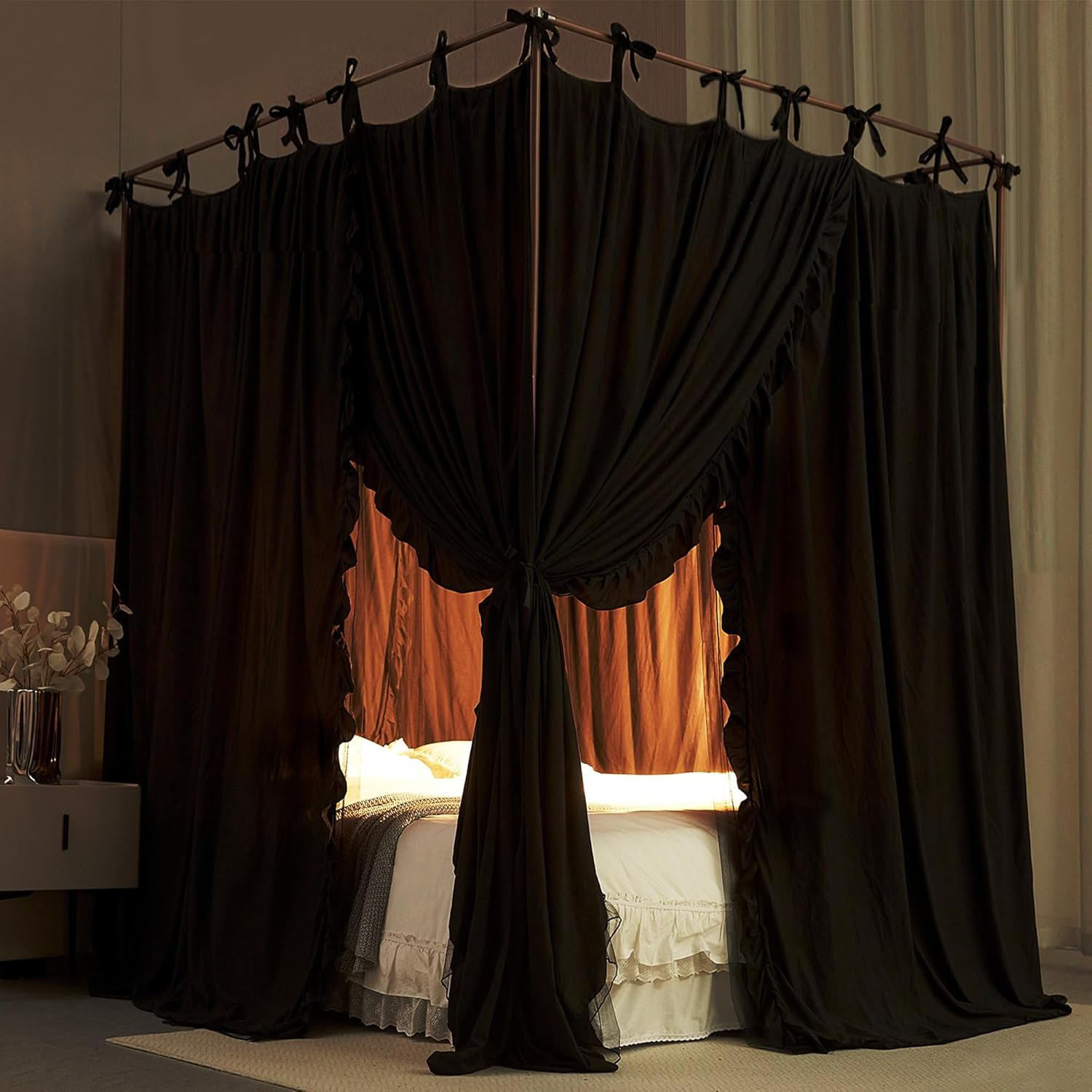 4 Corners Post Princess Curtain Bed Canopy Double Layer Cozy Mosquito Net Mesh and Cloth for Girls Adults Bedroom Decoration (Double-Black/Black, 64" W*82" L*82"*H/(Queen)) image number 5