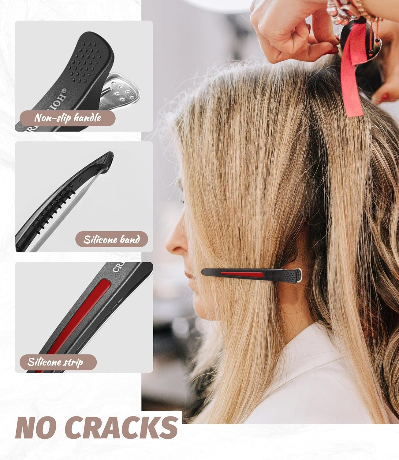 Pack of 12 Hair Clips, Professional Section Clips, Hairdresser, Non-Slip Hair Clips with Duck Beak and Silicone Band, Hair Cutting Clips for Hairdressing Salon and Home (Black Red) image number 5