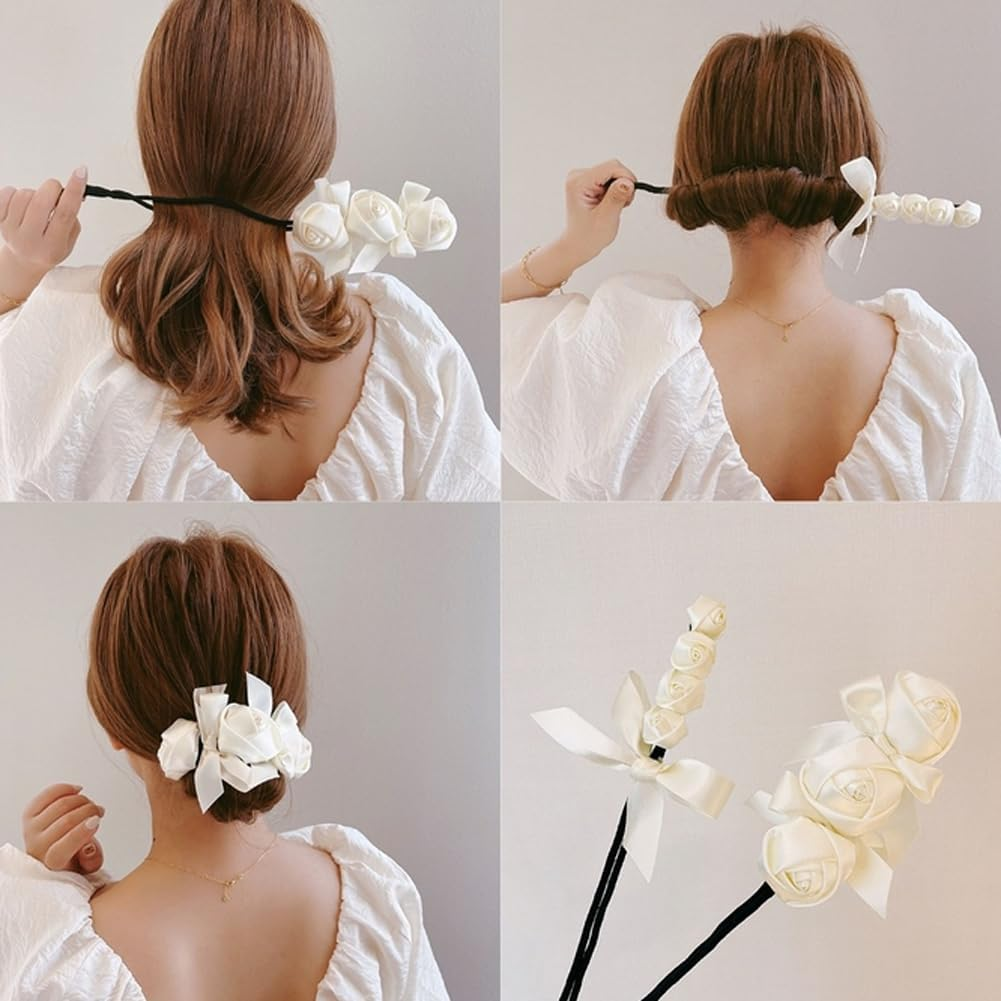White Rose Hair Bun Makers Lazy Curler Clips Doughnut Hair Bun Maker Twist Bun Accessories Hair Styler Tool for Women Girls
