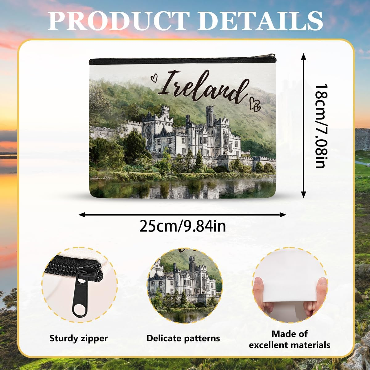 Kylemore Abbey Ireland Makeup Bag Gifts &ndash; Ireland Travel Essentials Watercolor Cosmetic Bag, Irish Gifts for Women Girls, Zipper Toiletry Pouch, Irish Souvenir Organizer Waterproof Linen image number 6